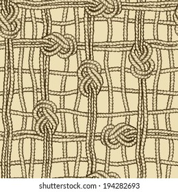 Hand drawn nautical seamless pattern of ropes grid with marine knots