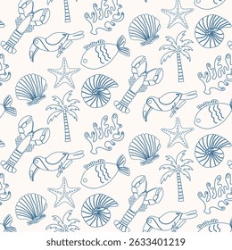 Hand drawn nautical seamless pattern in doodle style. Vector.