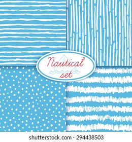 Hand drawn nautical seamless pattern set. 4 blue and white seamless backgrounds.
