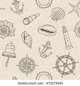 Hand drawn nautical seamless pattern. Vector illustration eps10.