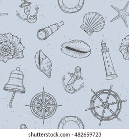 Hand drawn nautical seamless pattern. Vector illustration eps10.