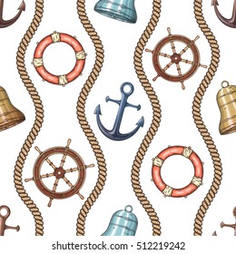 Hand drawn nautical seamless pattern. Vector illustration eps10.