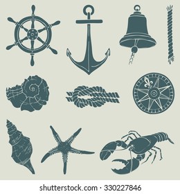 Hand drawn nautical set, vector illustration