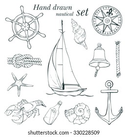 Hand drawn nautical set, vector illustration