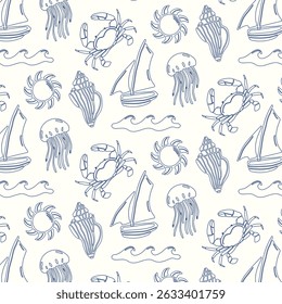 Hand drawn nautical summer seamless pattern in doodle style. Vector.