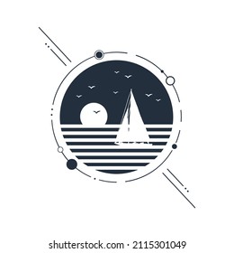 Hand drawn nautical sunset textured vector illustration with a yacht silhouette, sun, sea, and seagulls. Abstract geometric style.