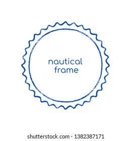 Hand drawn nautical vector frame template. Two blue ink grunge lines (straight and wavy) around text holder on white background. Design for navy trip advertisment, sea holidays, souvenirs, activities.