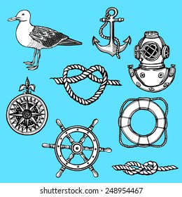 hand drawn nautical vintage set.  Anchor, lifebuoy, knot, wind rose,diving helmet, seagull, steering wheel. Blue background
