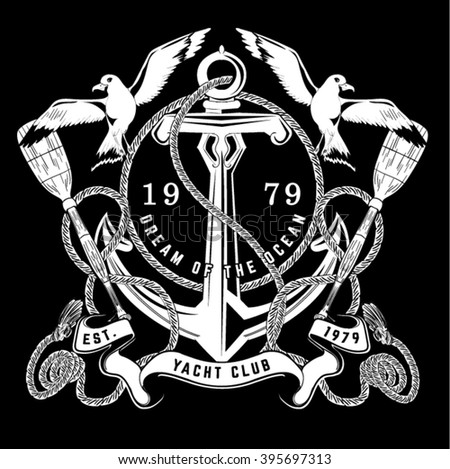 hand drawn nautical vintage set. Anchor, lifebuoy, knot, diving helmet, seagull, steering wheel Light black background