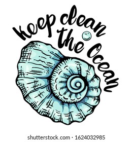 Hand drawn nautilus shell vector illustration of engraved line with lettering. Isolated on white background. Vector illustration.
