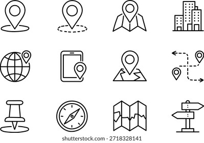 Conjunto de iconos de navegación y Locación dibujados a mano con mapas Pines Direcciones y símbolos de viaje