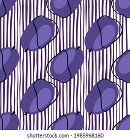 Hand drawn navy blue contoured plums shapes seamless pattern. Striped white and blue background. Fruit ornament. Perfect for fabric design, textile print, wrapping, cover. Vector illustration.
