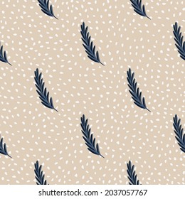 Patrón de plumas azul marino dibujado a mano. De fondo beige. Impresión de doodle de cuaderno de cartón. Perfecto para el diseño de tela, impresión textil, envoltura, cubierta. Ilustración vectorial.