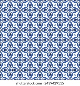Teja azul marino dibujada a mano. Vector patrón de azulejo. Estilo tradicional de Lisboa, mosaico floral árabe. Adorno sin costuras mediterráneo para textil, papel pintado, suelo, ropa. Ilustración decorativa.