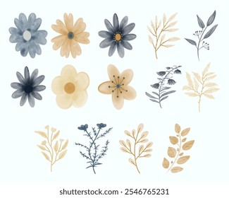 hand drawn of navy and gold flowers and leaves with watercolor