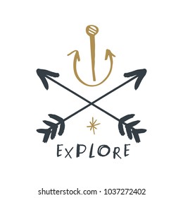 Hand drawn navy logo, anchor and arrows text card. 
Decor elements for your stuff.
Vector and jpg. Clipart. Isolated elements.