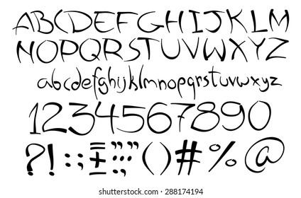 Hand drawn negligent font. Upper and lower case, digits, symbols, punctuation marks.