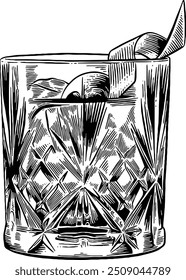 Desenhado à mão Negroni Cocktail Beber Esboço Ilustração Gravura Estilo Woodcut