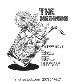 Hand drawn Negroni cocktail Vintage vector. drink summer party. ice and slice of orange for cocktail. Cocktails retro poster vector, summer t shirt design girls graphic. print design