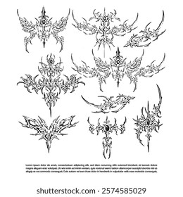 Hand drawn neo tribal tattoo. Y2k gothic cyber pattern tattoo design collection