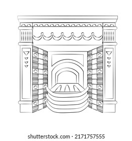 Hand Drawn Neoclassical Fireplace Sketch. Medieval Chimney Design. Ancient And Rich.