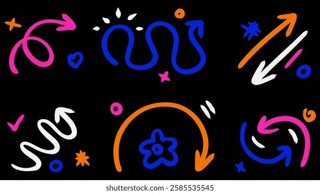 Hand drawn of neon arrows collection set on black background. Vector illustration