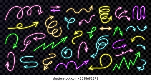 Hand drawn neon arrows. A set of multicolored lines: straight, curved, twisted. Sketch elements. Isolated signs and symbols on a dark background for notes, navigation, and web designs. Vector.