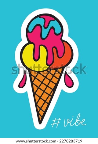 Hand drawn neon colored ice cream cone, sticker or poster, isolated vector illustration