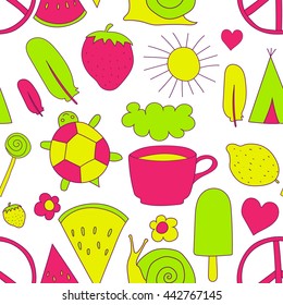 hand drawn neon doodles pattern vector illustration coffee cup, sun, ice cream, heart, cloud, rainbow, turtle, feather, pacific, snail, wigwam watermelon strawberry isolated on white background