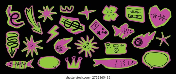 Hand drawn neon graffiti doodle vector set with green and purple stickers, skull icons, royal crowns and comic marks on black background. Bold design elements for posters and youth graphics.