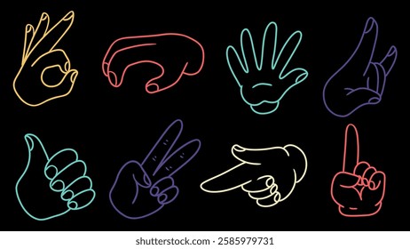 Hand drawn of neon hands collection set on black background. Vector illustration