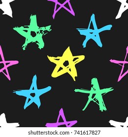 Hand drawn neon paint seamless pattern. Acid stars background. Abstract brush drawing. Grunge Vector art illustration