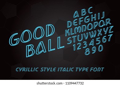 Hand Drawn Neon Sign Style Font Called Good Ball Italic Type Soccer Ball Shape Lettering - Blue Caps and Numerals on Black Football Ball Texture Background - Vector Crafted Typography Design