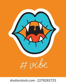 Hand drawn neon vampire lips, sticker or poster or a card, isolated trippy vector illustration