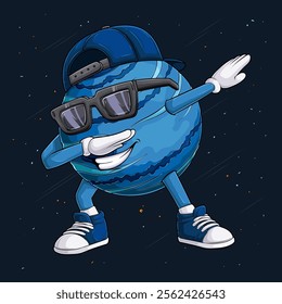 Hand drawn Neptune planet character wearing blue cap, sun glasses doing dab dance, dabbing Neptune 