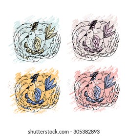 Hand drawn nest with bird and eggs. Sketch family concept.