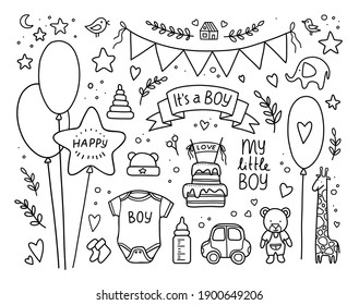 conjunto de elementos de diseño recién nacidos dibujados a mano. Ilustración vectorial. colección de niños garabatos. Cumpleaños de los niños con bolas, banderas, juguetes, botellas, tortas, ramas, corazones, ropa, letras. Es un niño