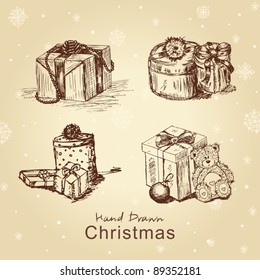 Hand drawn new Christmas gifts set, for xmas design. All elements are in separate layers and grouped, easy to edit.