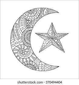 Hand drawn new moon and star for anti stress colouring page. Pattern for coloring book. Made by trace from sketch. Illustration in zentangle style. Monochrome variant. 
