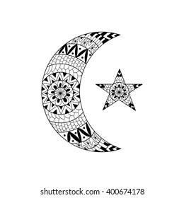 Hand drawn new moon and star for anti stress colouring page. Pattern for coloring book. Tribal tattoo des. Illustration in zentangle style. Monochrome variant. 