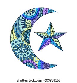 Hand drawn new moon and star for anti stress colouring page. Pattern for coloring book. Made by trace from sketch. Illustration in zentangle style. Colorful variant. 
