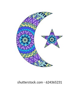 Hand drawn new moon and star for anti stress colouring page. Pattern for coloring book. Made by trace from sketch. Illustration in zentangle style. Colorful variant. Ethnic pattern.