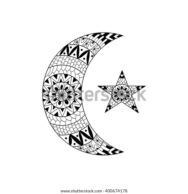 Hand drawn new moon and star for\
anti stress colouring page. Pattern for coloring book. Tribal\
tattoo des. Illustration in zentangle style. Monochrome variant.\
