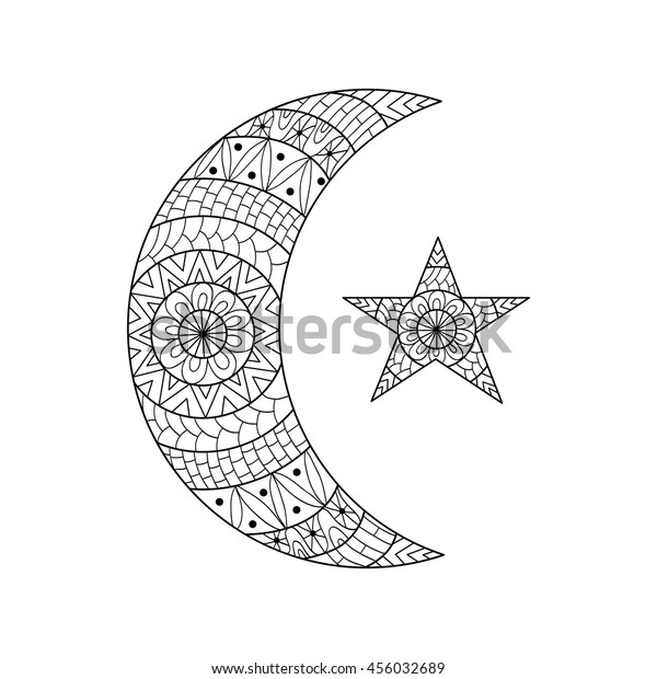 Hand drawn new moon and star\
for anti stress colouring page. Pattern for coloring book. Tribal\
tattoo. Ethnic illustration in zentangle style. Monochrome variant.\
