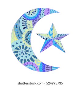 Hand drawn new moon and star.Islamic background. Illustration in zentangle style. Colorful variant. Ethnic pattern.