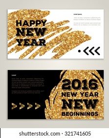 Hand drawn New Year 2016 artistic invitations with trendy golden paint stain and typographic design. Vector illustration.