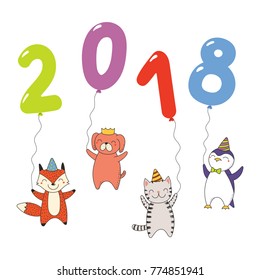 Hand drawn New Year 2018 greeting card, banner template with cute cartoon funny animals holding numbers made of balloons. Isolated objects. Vector illustration. Design concept for party, celebration.