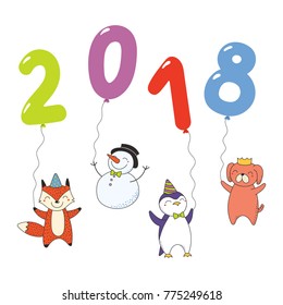 Hand drawn New Year 2018 greeting card, banner template with cute cartoon funny animals holding numbers made of balloons. Isolated objects. Vector illustration. Design concept for party, celebration.