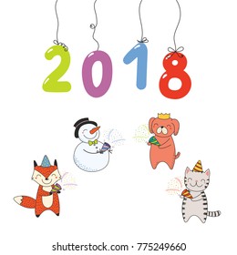 Hand drawn New Year 2018 greeting card, banner template with numbers hanging on strings, cute funny cartoon animals celebrating. Isolated objects. Vector illustration. Design concept for party.