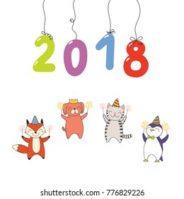 Hand drawn New Year 2018 greeting card, banner template with numbers hanging on strings, cute funny cartoon animals celebrating. Isolated objects. Vector illustration. Design concept for party.